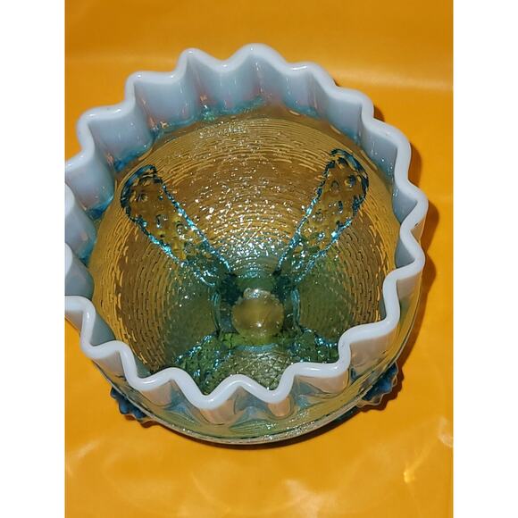 Vintage Northwood Button Panel Blue Opalescent Crimped Top Glass Candy Dish - Picture 3 of 11
